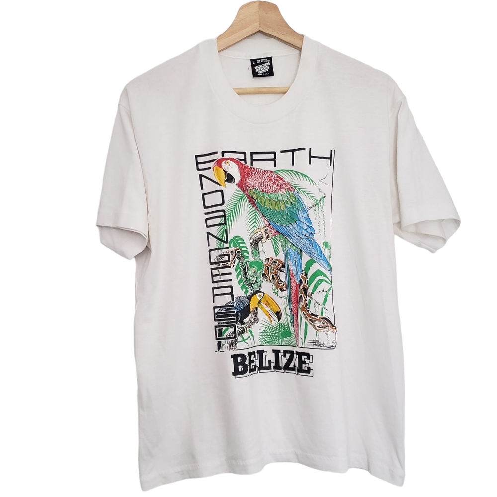 Vintage T Shirt Belize Earth Endangered Birds 90s Single Stitch USA Size L